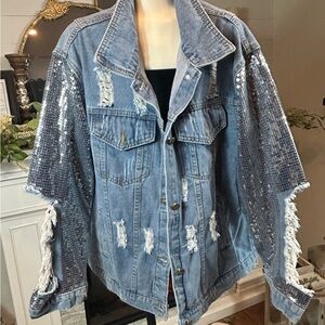 Women’s Sequin Distressed Embellished Denim Jacket